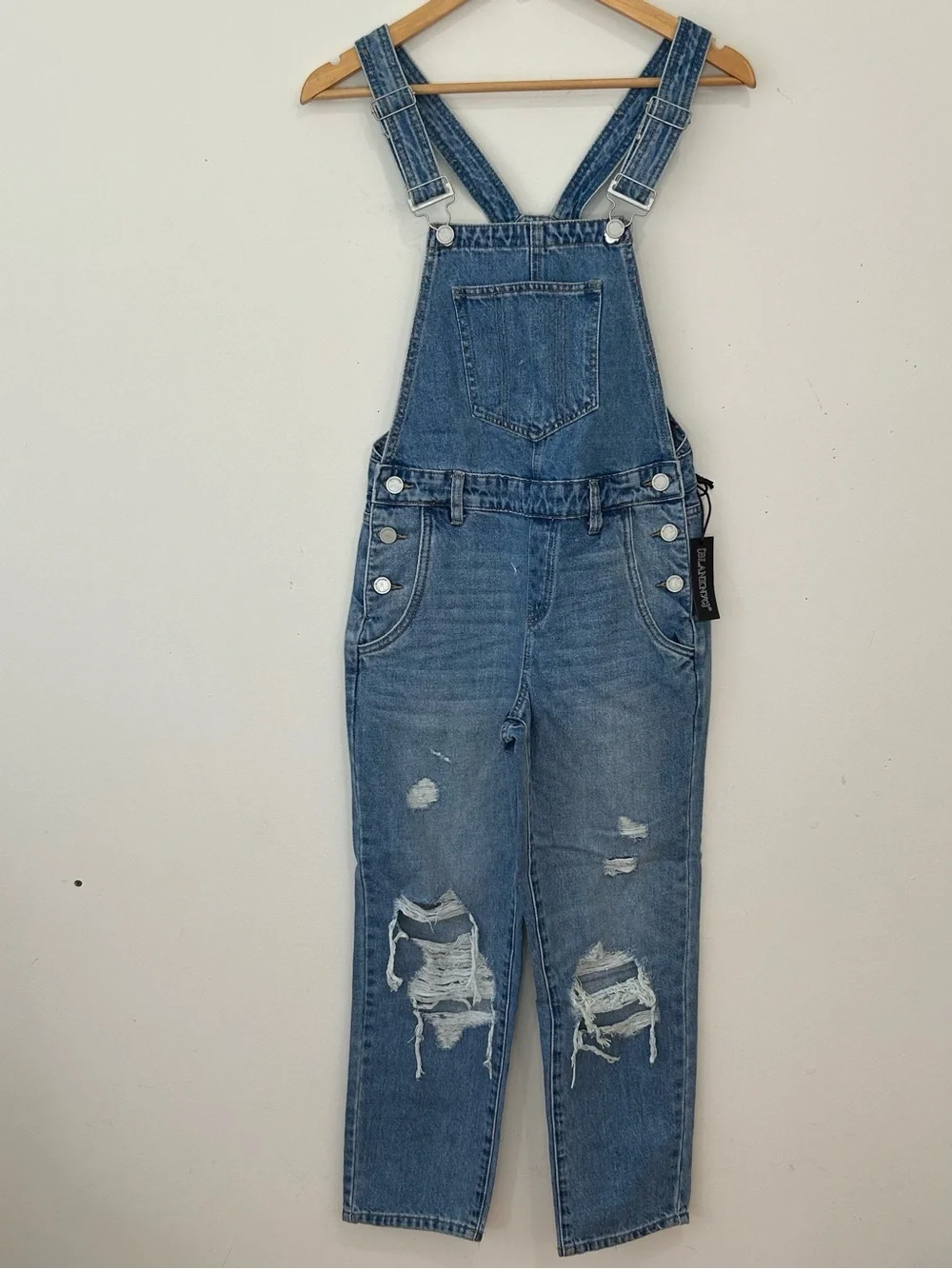 Blank NYC Women’s Denim Distressed Medium BlueJean Overalls Cottagecore Size 24